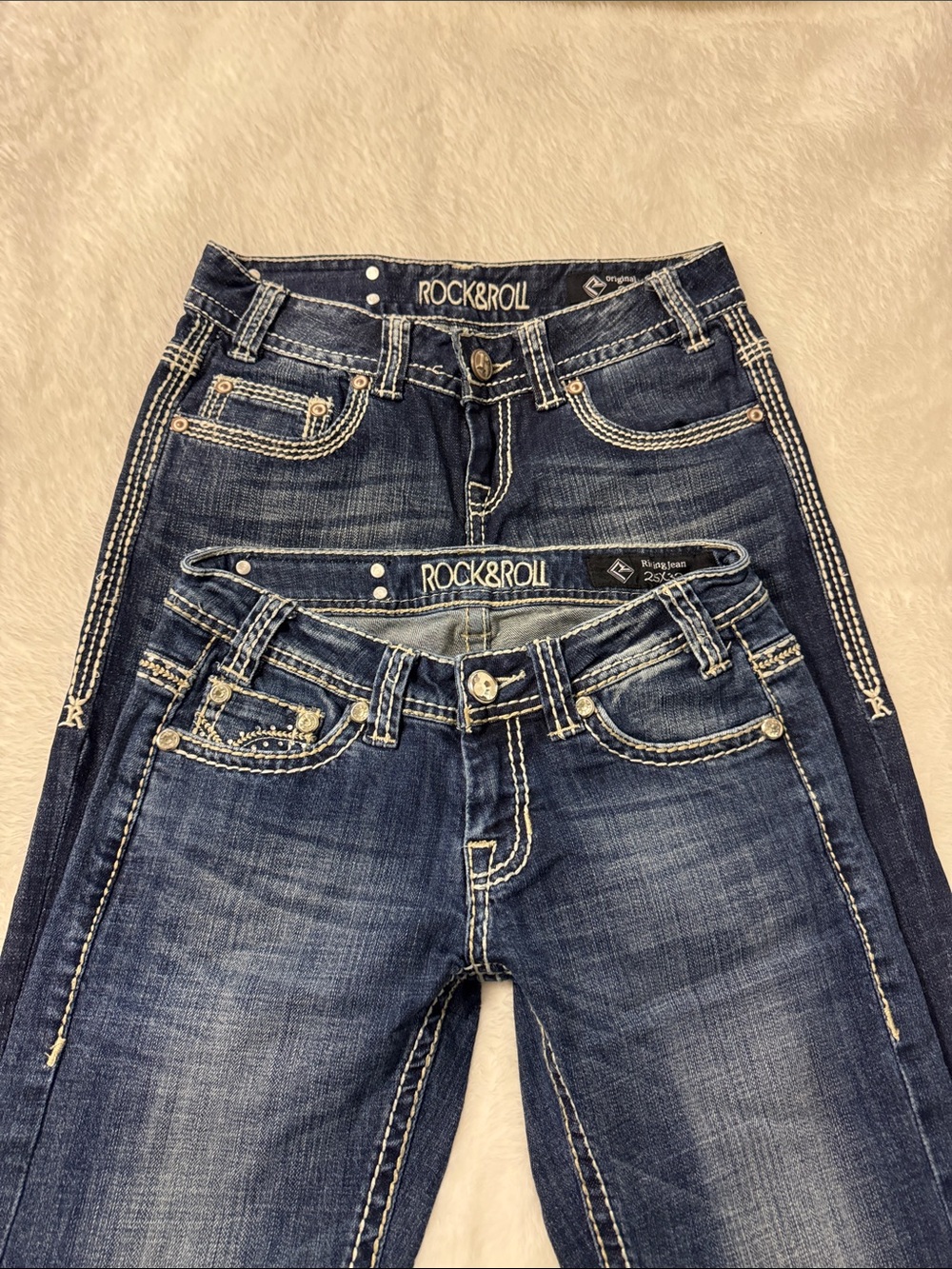 2 pr Rock & Roll Denim Women's Dark Blue Bootcut Jeans Sz 25/32